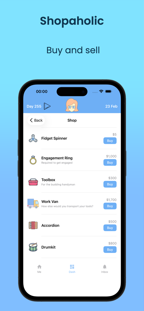 Life Sim mobile app shop interface showing items for sale including an engagement ring and a work van