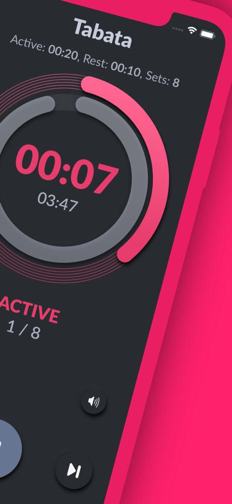 Tabata workout timer screen in dark mode with a red circular countdown indicator