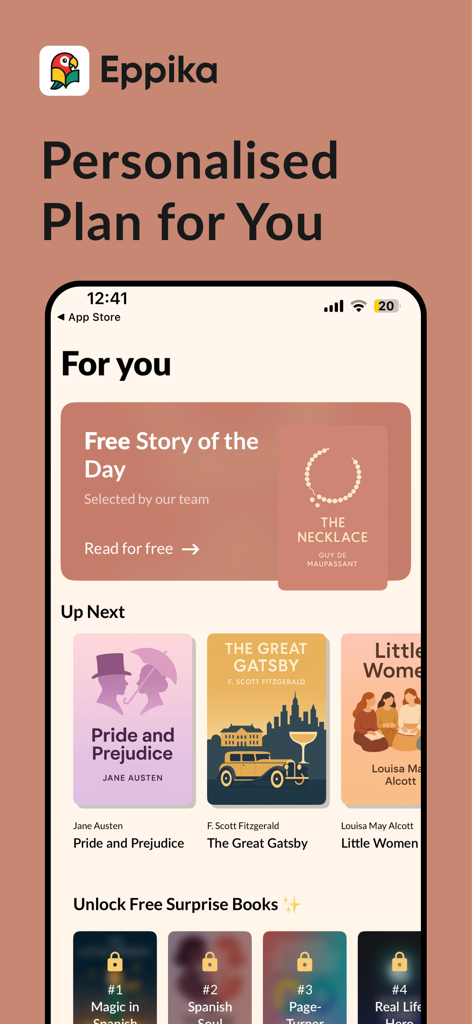 Eppika: Read & Learn Languages - Interface do aplicativo móvel Eppika exibindo um plano de leitura personalizado com títulos de literatura clássica como O Grande Gatsby e Orgulho e Preconceito.
