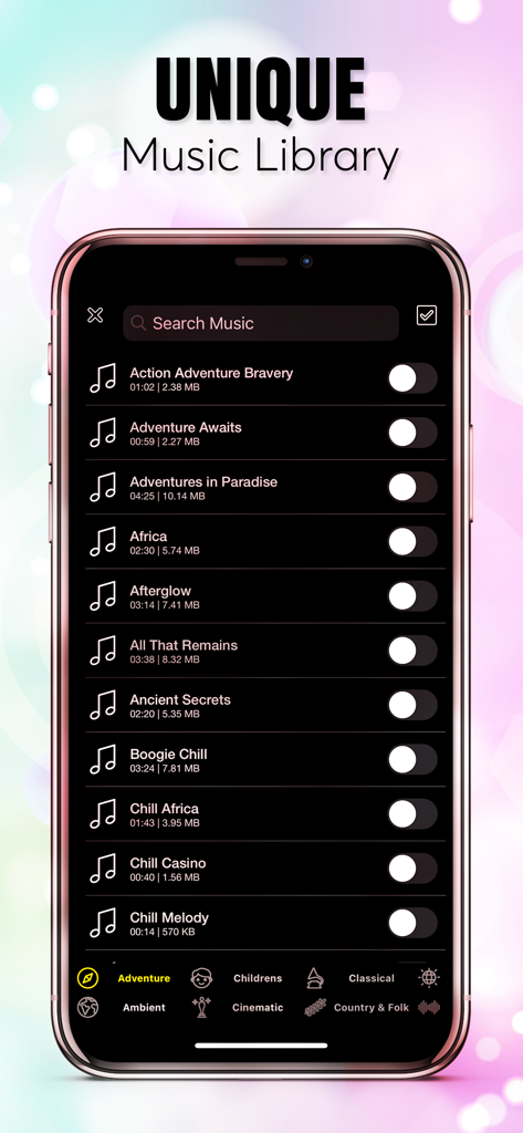 Gacha Animator - A screen from the Gacha Animator app displaying a music library with various tracks and sound effects for video editing.