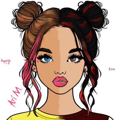 realistic girl with two buns in hair and lips