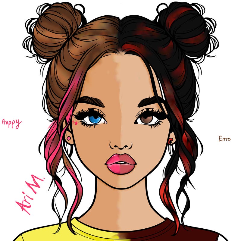 realistic girl with two buns in hair and lips
