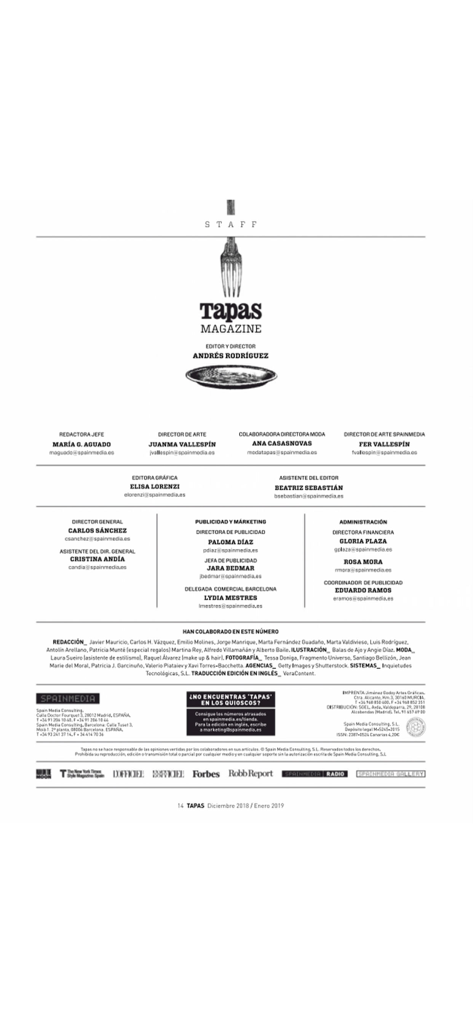 Staff page of TAPAS Magazine listing editorial, marketing, and administration team members in a clean layout.