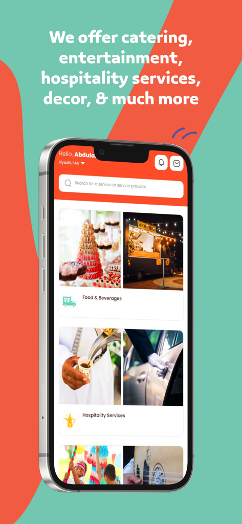 Wnees | ونيس - A smartphone displaying the Wnees app interface with event service categories including food beverages and hospitality services