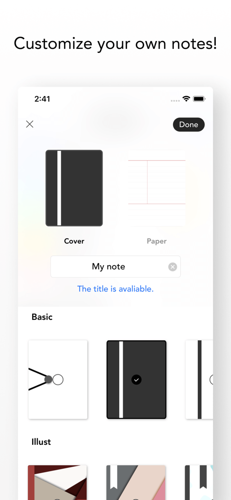 Interface of the Flexcil for Education app showing options to customize digital notebook covers and paper types