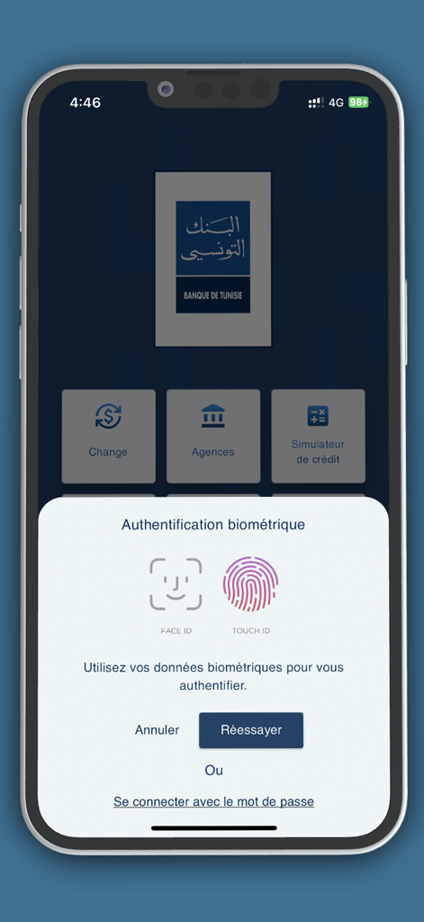 BT Mobile - BT Mobile app biometric authentication screen with Face ID and Touch ID login