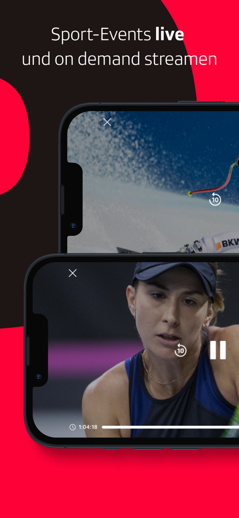 SRF Sport - Live Sport - Smartphone screens displaying the SRF Sport app streaming a tennis match and a skiing race