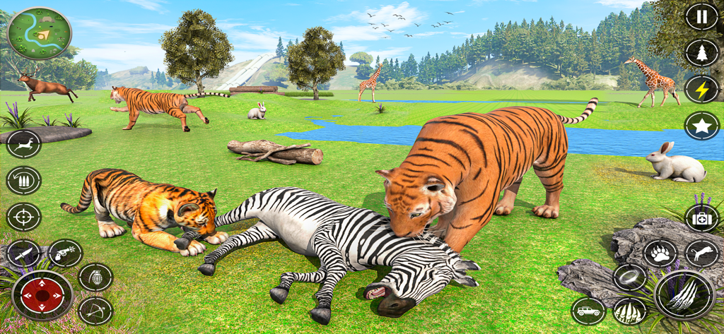 The Tiger Family Simulator 3D - A tiger and cub with a hunted zebra in a 3D open world grassy environment.