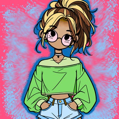 girl with a messy ponytail glasses a baggy crop top and jean shorts
