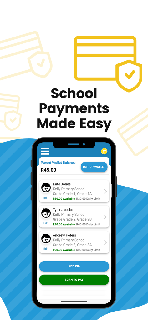 TapTuck app screen showing school payment management and student wallet balances