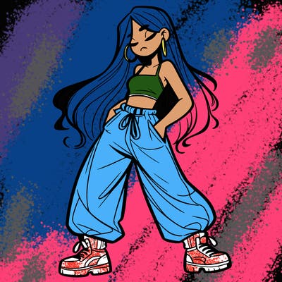 girl in baggy pants crop top and long hair