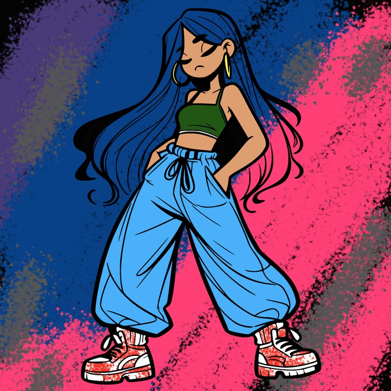 girl in baggy pants crop top and long hair