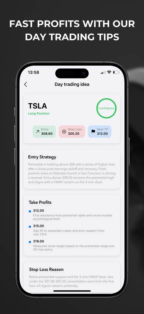 Finnext: AI Stock Forecasts - Finnext app interface displaying a day trading idea for TSLA stock with entry and exit price targets.