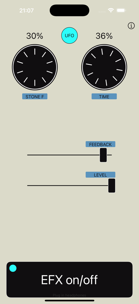 Stone Echo - User interface of Stone Echo app showing Stone F and Time dials with UFO button