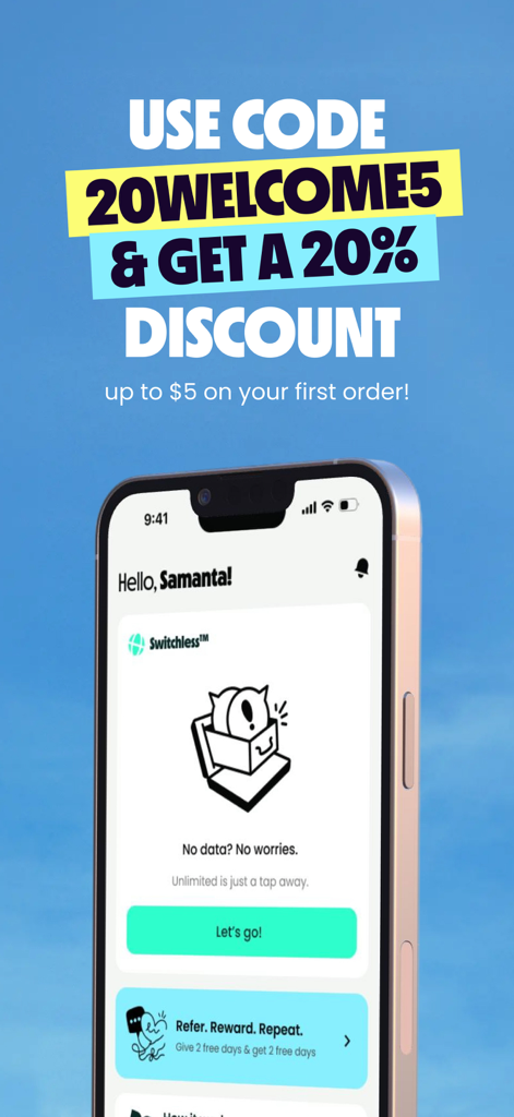 Truely・Travel eSIM & Data Plan - App interface for Truely Travel eSIM showing a 20 percent discount code for first time users