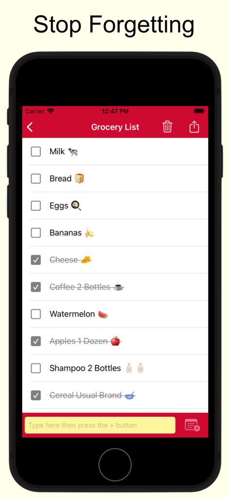 Ein iPhone-Bildschirm, der eine Einkaufsliste mit Artikeln wie Milch und Brot anzeigt, einige durchgestrichen, unter der Überschrift 'Nicht vergessen'.