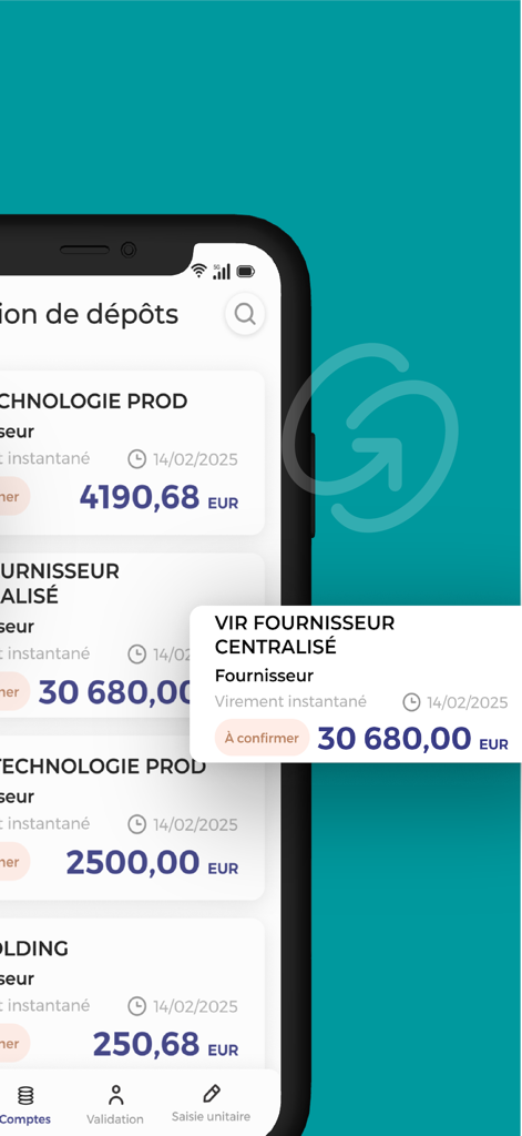 EDI Advanced app interface showing corporate banking transactions and payment validation