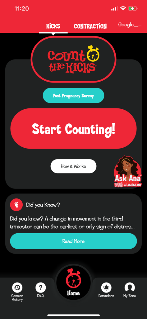 Home screen of the Count the Kicks app in dark mode showing a large red Start Counting button and a pregnancy health tip section