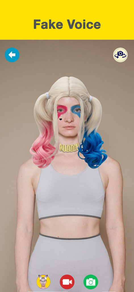 Anonymous Face Camera MaskMe - Interface of the MaskMe app featuring a digital character mask with pink and blue pigtails and a fake voice option.