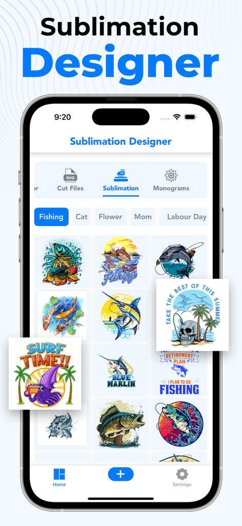 Sublimation Designer Printer ! - Interfaz de la aplicación Sublimation Designer mostrando una variedad de plantillas de diseño de pesca y surf