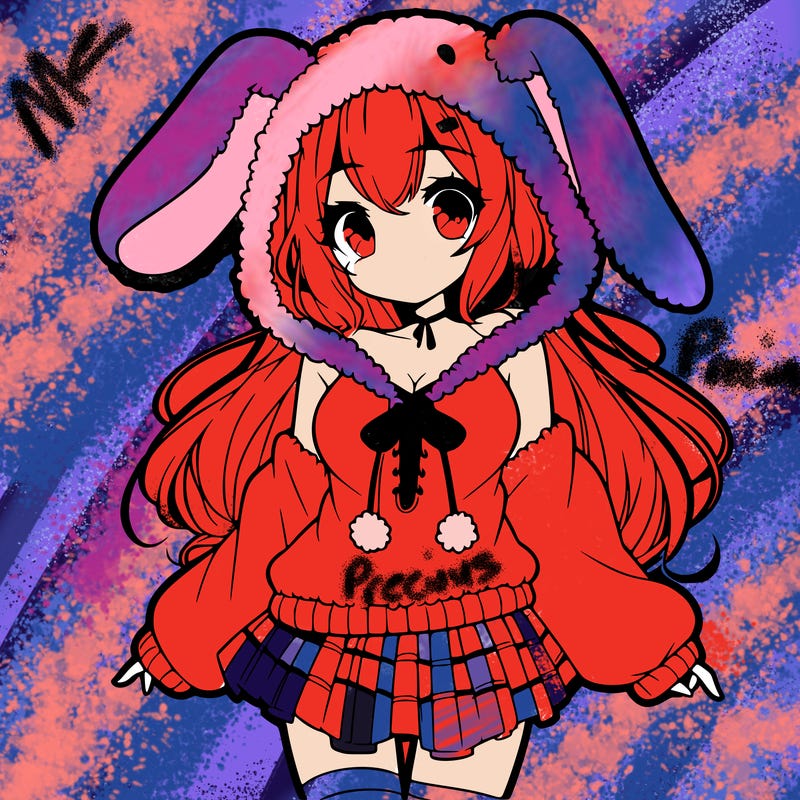 pretty anime girl wearing a fluffy hoodie with bunny ears on the hood and a skirt