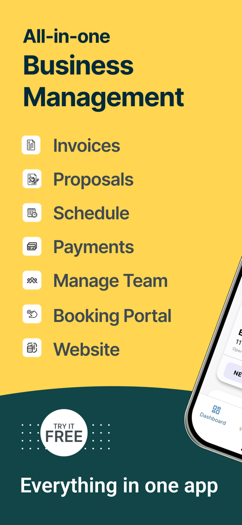 BestMate - Small Business App - Marketing screen for BestMate app showing a list of features like invoices, schedule, payments, and team management under the headline all in one business management