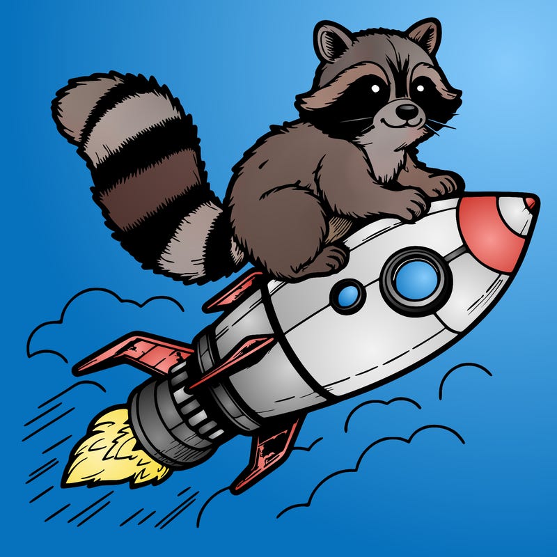 realistic raccoon flying on top rocket ship
