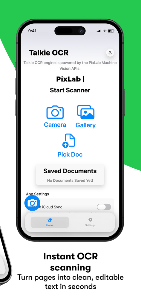 Talkie OCR - Image to Speech - Talkie OCR app home screen showing options to scan from camera gallery or documents for instant text conversion