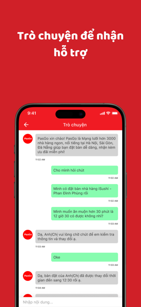 PasGo: Đặt bàn nhà hàng ưu đãi - In-app chat interface of the PasGo app showing a customer service conversation about a restaurant reservation.