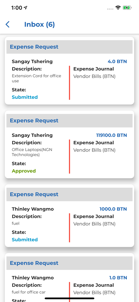 HRstation - Mobile screenshot of HRstation app showing a list of employee expense requests in the inbox