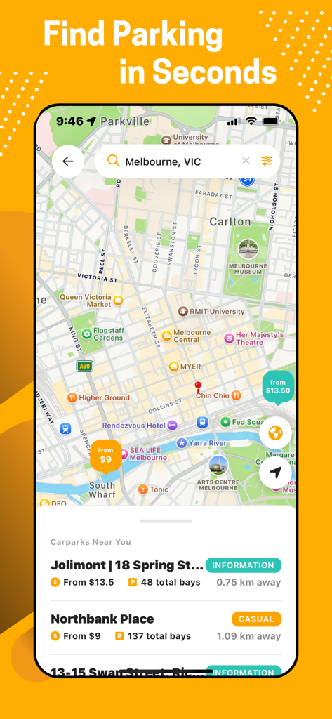 Care Park AU - Care Park AU app map showing parking locations and rates in Melbourne