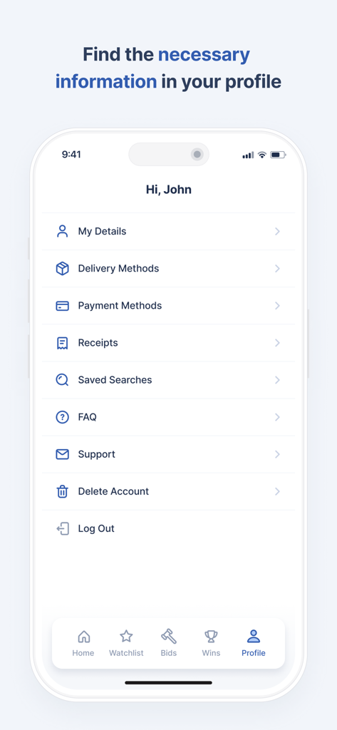 User profile interface of OLA Online Auction app showing account settings and transaction history.