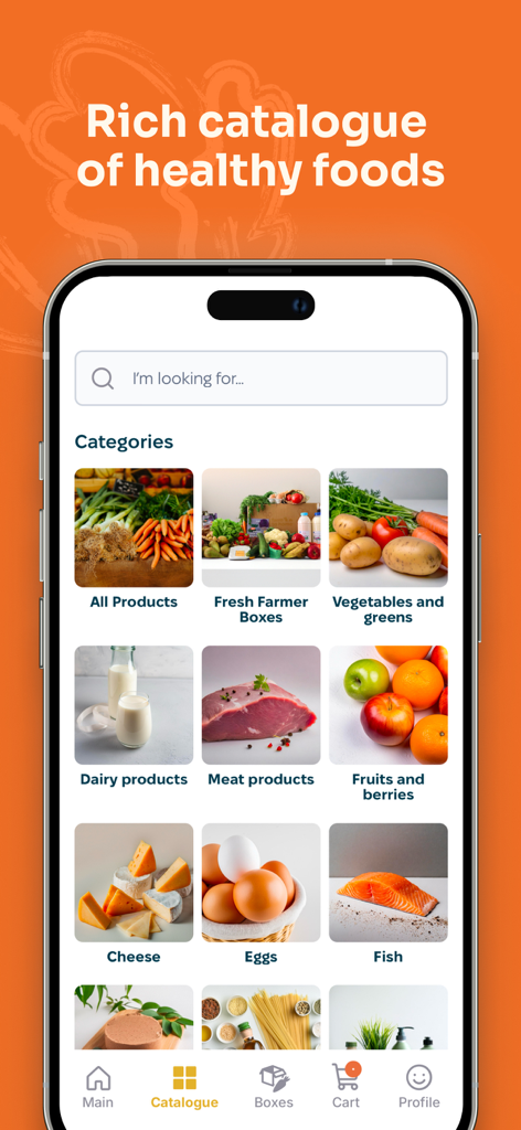 FarmToHome: Buy from Farmers - FarmToHome app interface showing healthy food categories including fresh farmer boxes vegetables and dairy