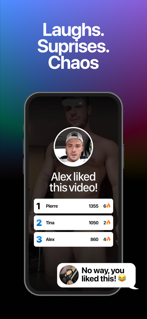 WhoLiked app screen showing a reveal of which friend liked a video with a group leaderboard and chat reaction