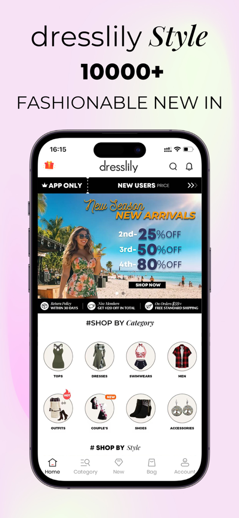 DressLily mobile app home screen showing fashion categories and discount promotions