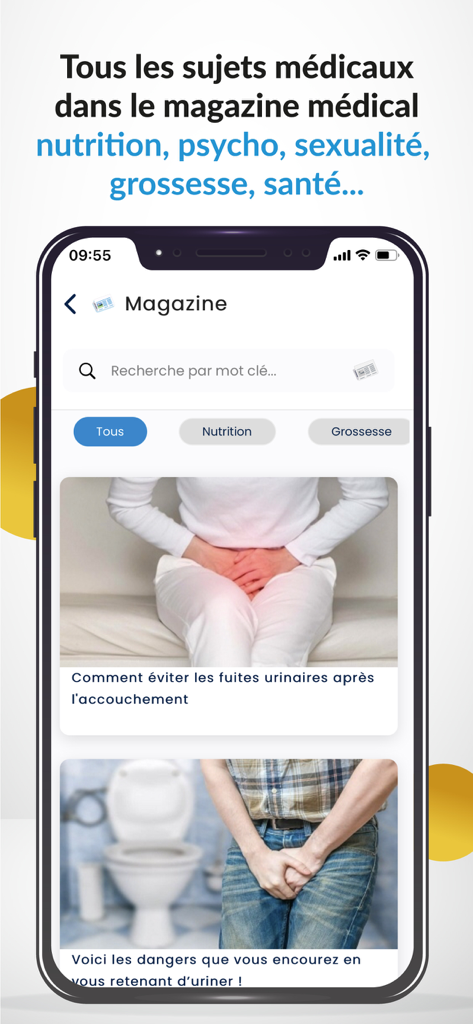 Med - Interfaz de la aplicación Med que muestra una sección de revista con artículos y categorías médicas.