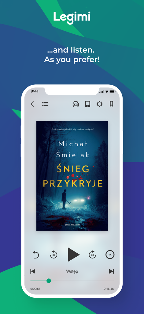 Smartphone-Bildschirm, der den Hörbuch-Player der Legimi-App mit Wiedergabesteuerungen und einem Thriller-Buchcover zeigt