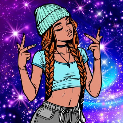 realistic teenage girl with braids and a beanie and crop top doing 🫶🏼