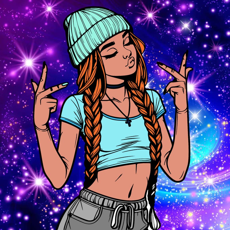 realistic teenage girl with braids and a beanie and crop top doing 🫶🏼