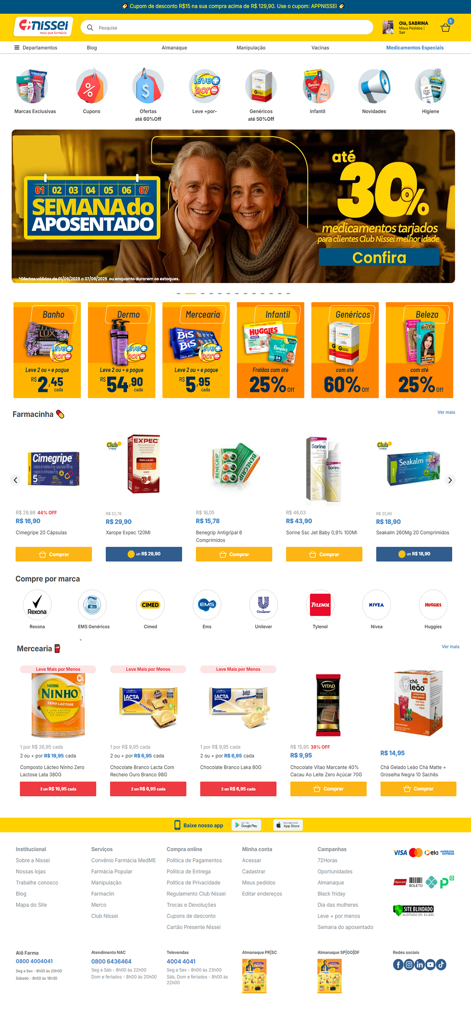 Farmácias Nissei - Captura de tela da página inicial das Farmacias Nissei mostrando banners promocionais e categorias de produtos como medicamentos, beleza e mercearia.