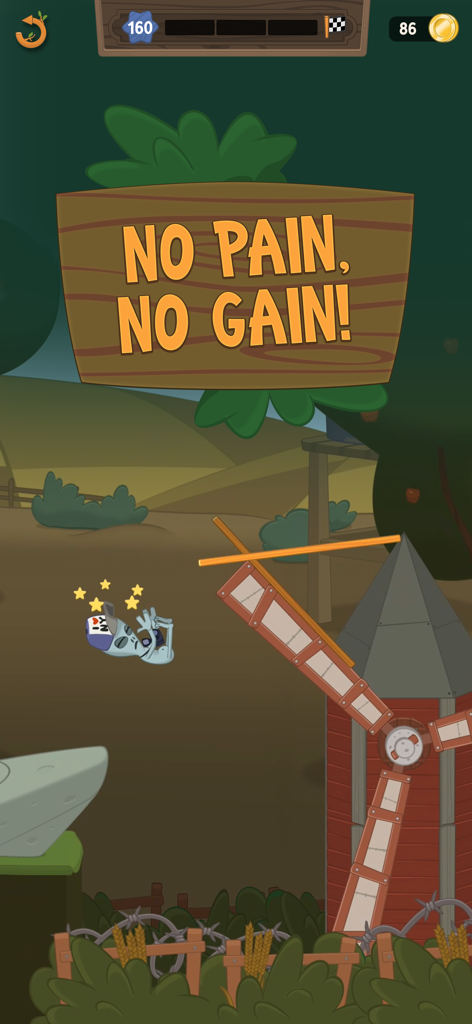 Walk Master - Un personaje alienígena en Walk Master cayendo de zancos junto a un letrero de madera que dice 'No pain no gain'.