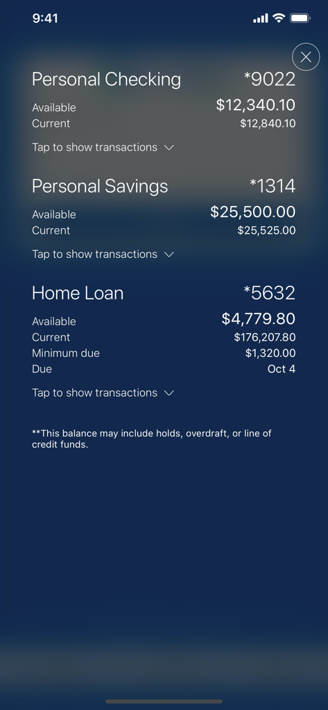 OceanFirst Bank - Mobile - Account balances overview for checking savings and home loan in the OceanFirst Bank mobile app