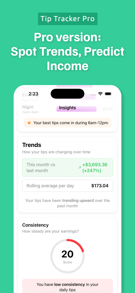 Tip Tracker Pro dashboard showing income insights, monthly trends, and daily tip consistency score.