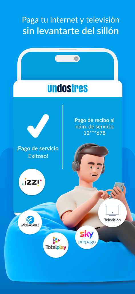 UnDosTres - Recargas y Pagos - メキシコでのインターネットおよびテレビサービス料金の支払い成功を示すUnDosTresアプリインターフェース