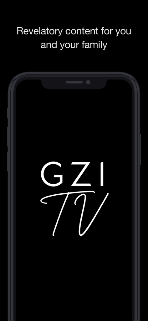 GZI TV app logo on a smartphone screen with the text Revelatory content for you and your family