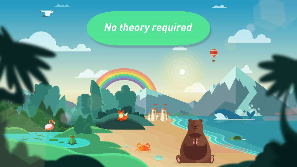 Easy Music - Give kids an ear for music - Nature inspired landscape with animals and the text No theory required.