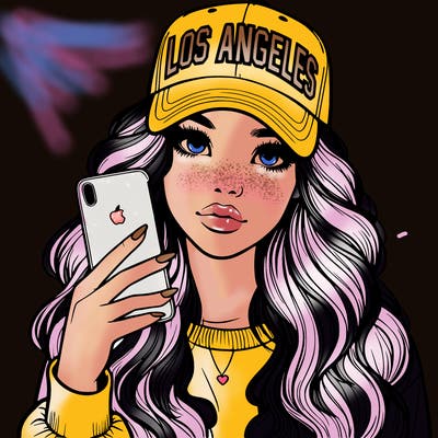 realistic beautiful girl wearing los ángeles cap holding an iphone