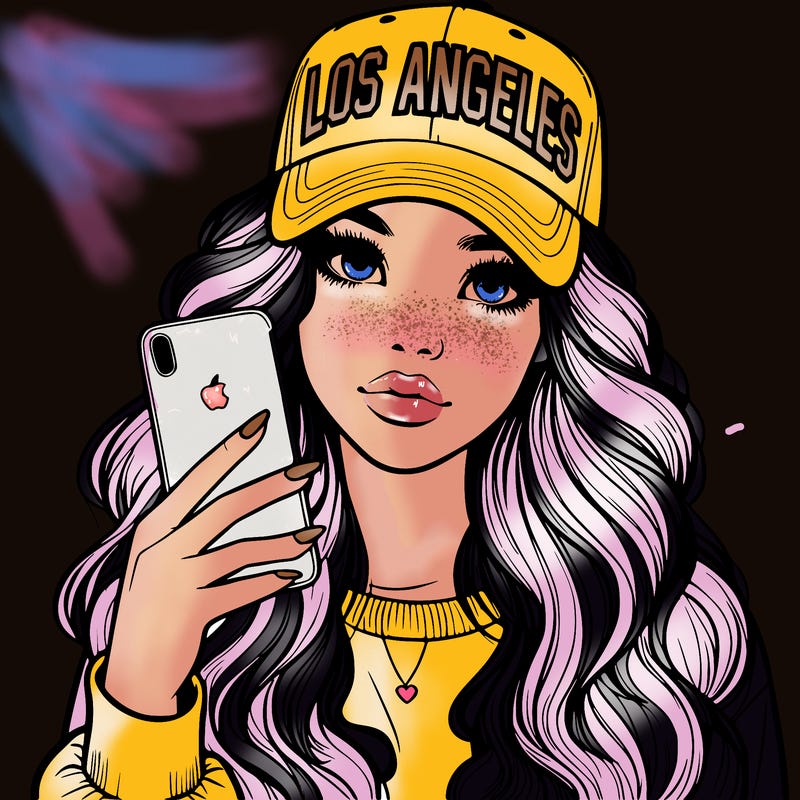 realistic beautiful girl wearing los ángeles cap holding an iphone