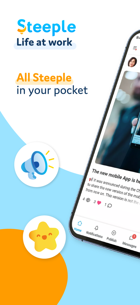 Steeple - 회사 내부 소식 및 커뮤니케이션 모듈을 표시하는 Steeple 모바일 앱 인터페이스.