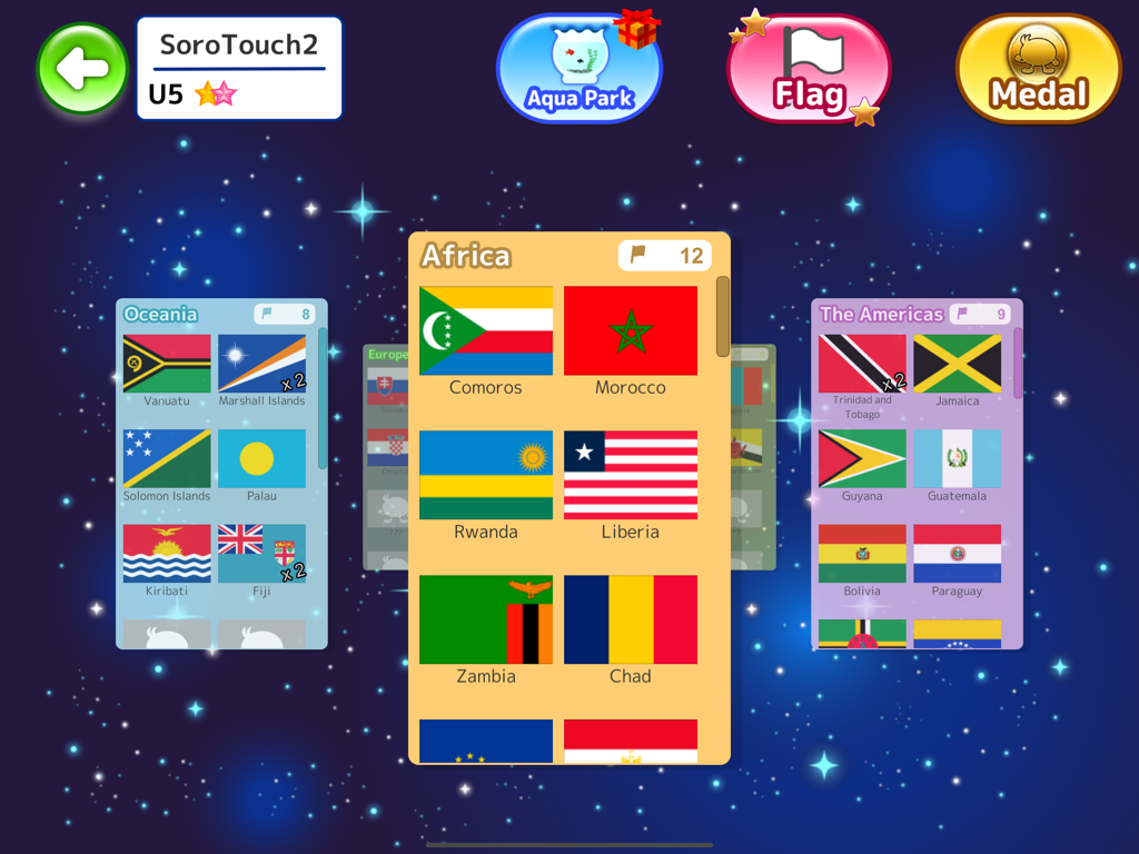 SoroTouch app interface showing world flags categorized by region for educational missions